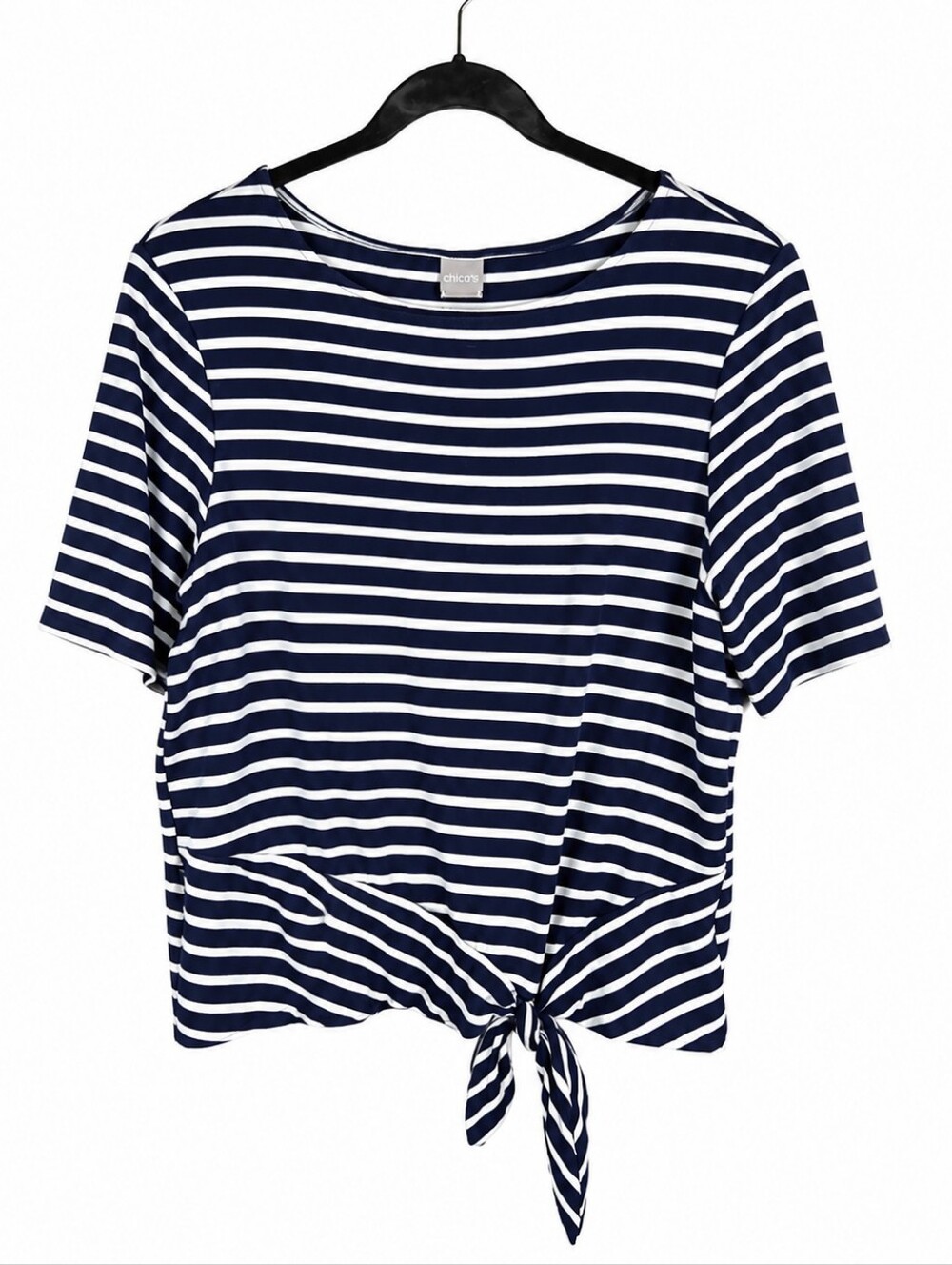 Chico's Striped Tie Front Top Navy White Nautical Stretch Knit Size 2 L